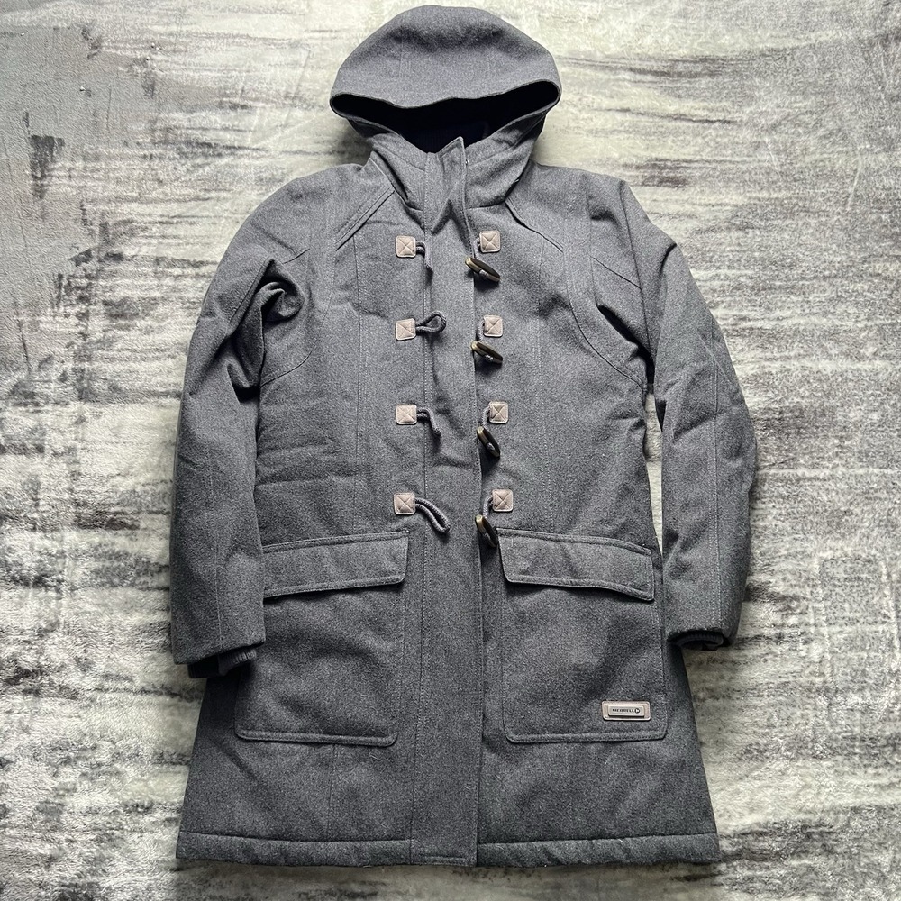 Merrell Women's Duffle Coat Grey Hooded Toggle Jacket Small Insulated Quilted